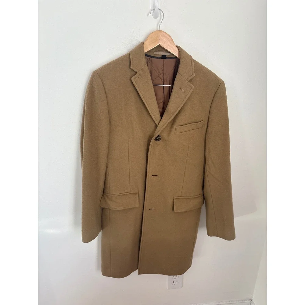 J.Crew Ludlow Camel Wool Cashmere Topcoat Overcoat Mens 36S Tan Quilted Lining